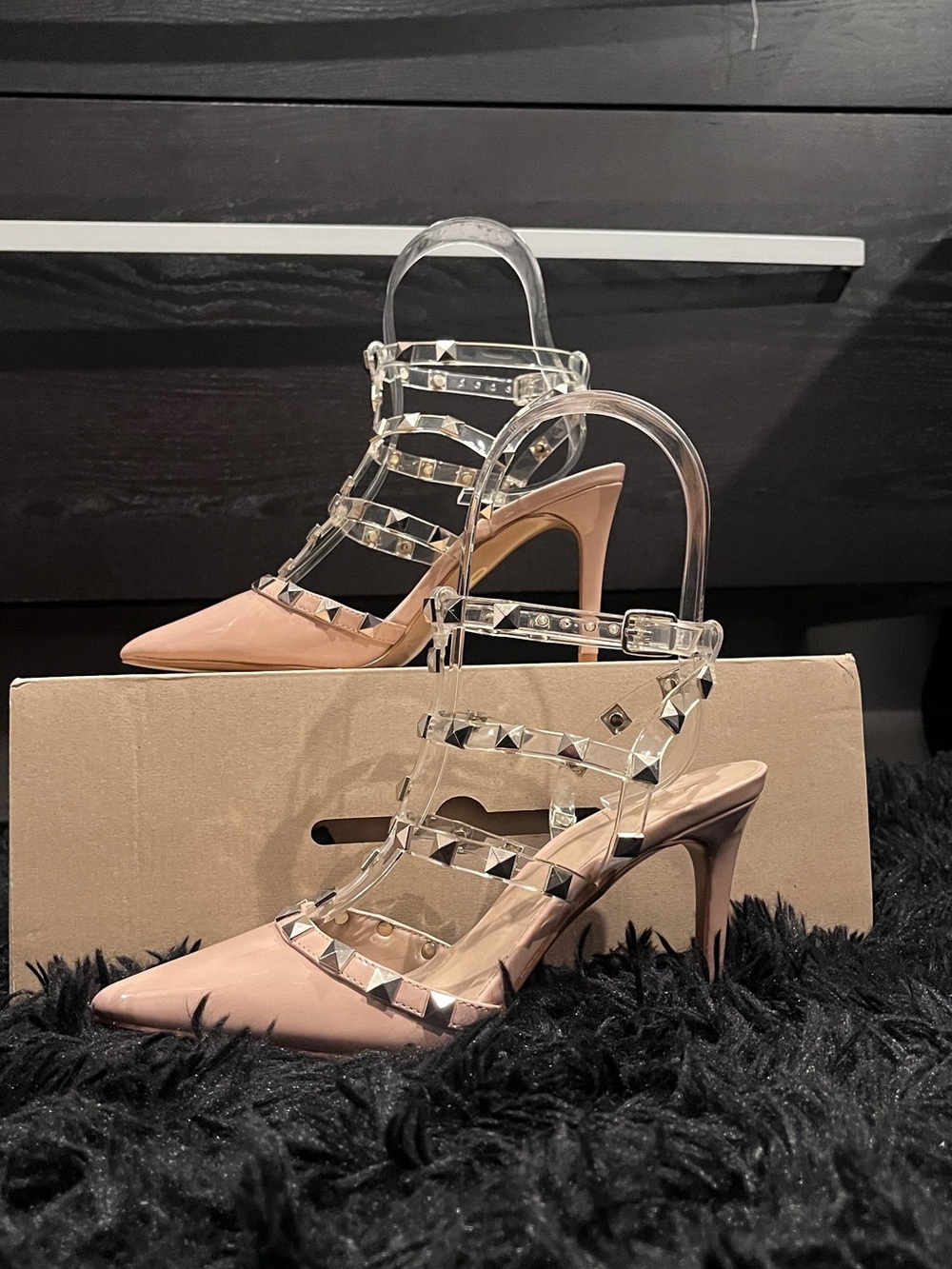 Mix No. 6 Nude Pink Pointed-Toe Studded Clear-Strap Heels size 7 M